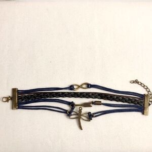 Braided PU Leather Wrap Charm Bracelet Black Blue